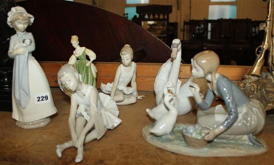 Lladro model of a swan, another, girl feeding geese, three Nao figures and a Royal Doulton figure, My Fair Lady
